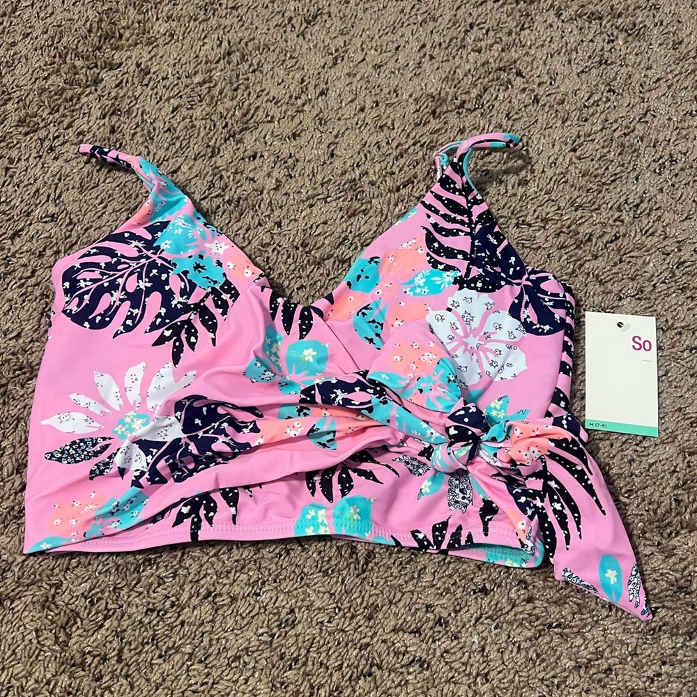 Pink Floral Faux Wrap Bikini Top